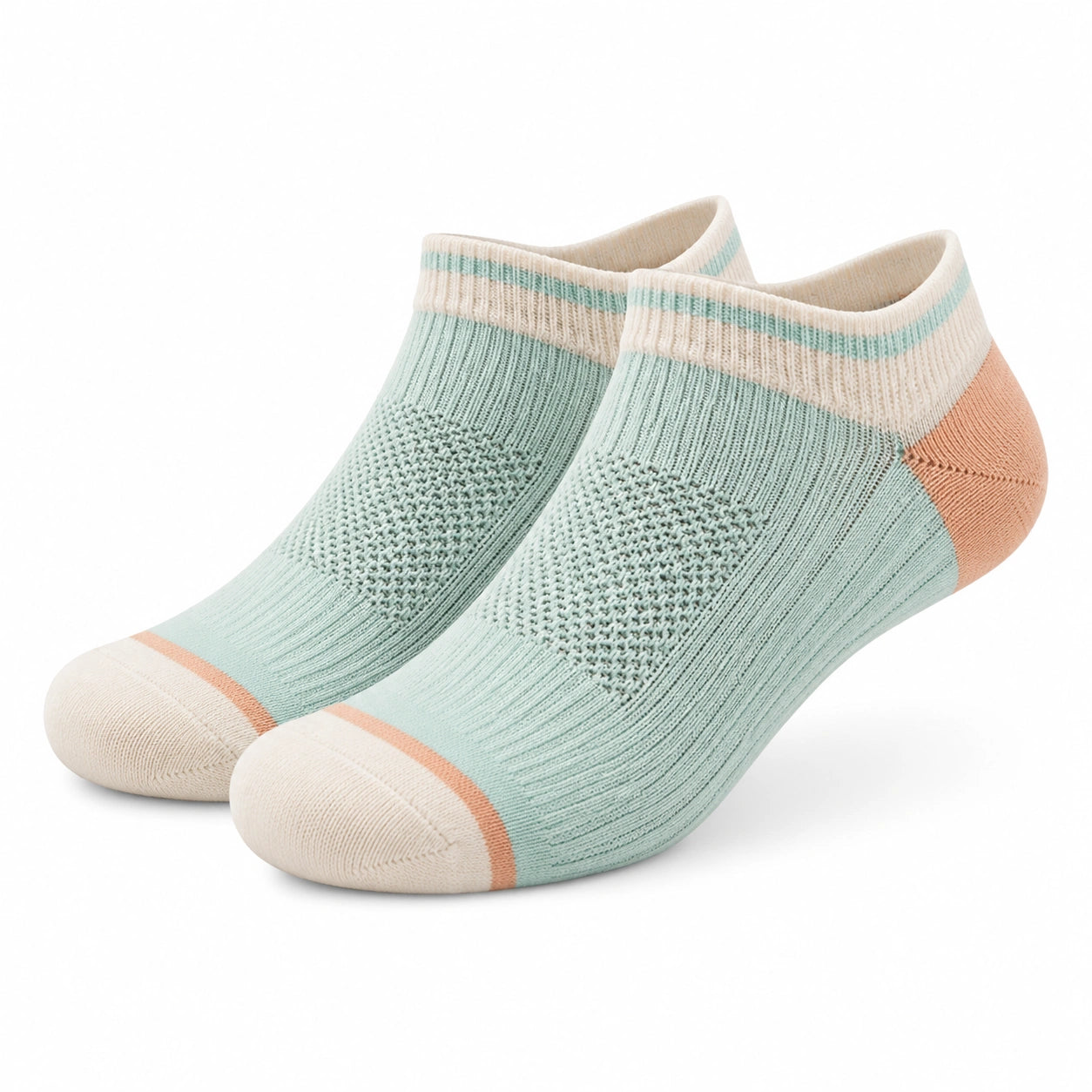 Chaussettes basses 39-42 en maille vert d'eau crème et pêche style sportif