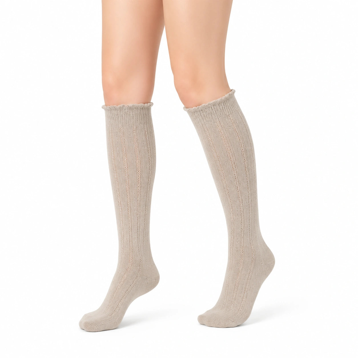Chaussettes hautes 35-38 en maille beige côtelée style classique