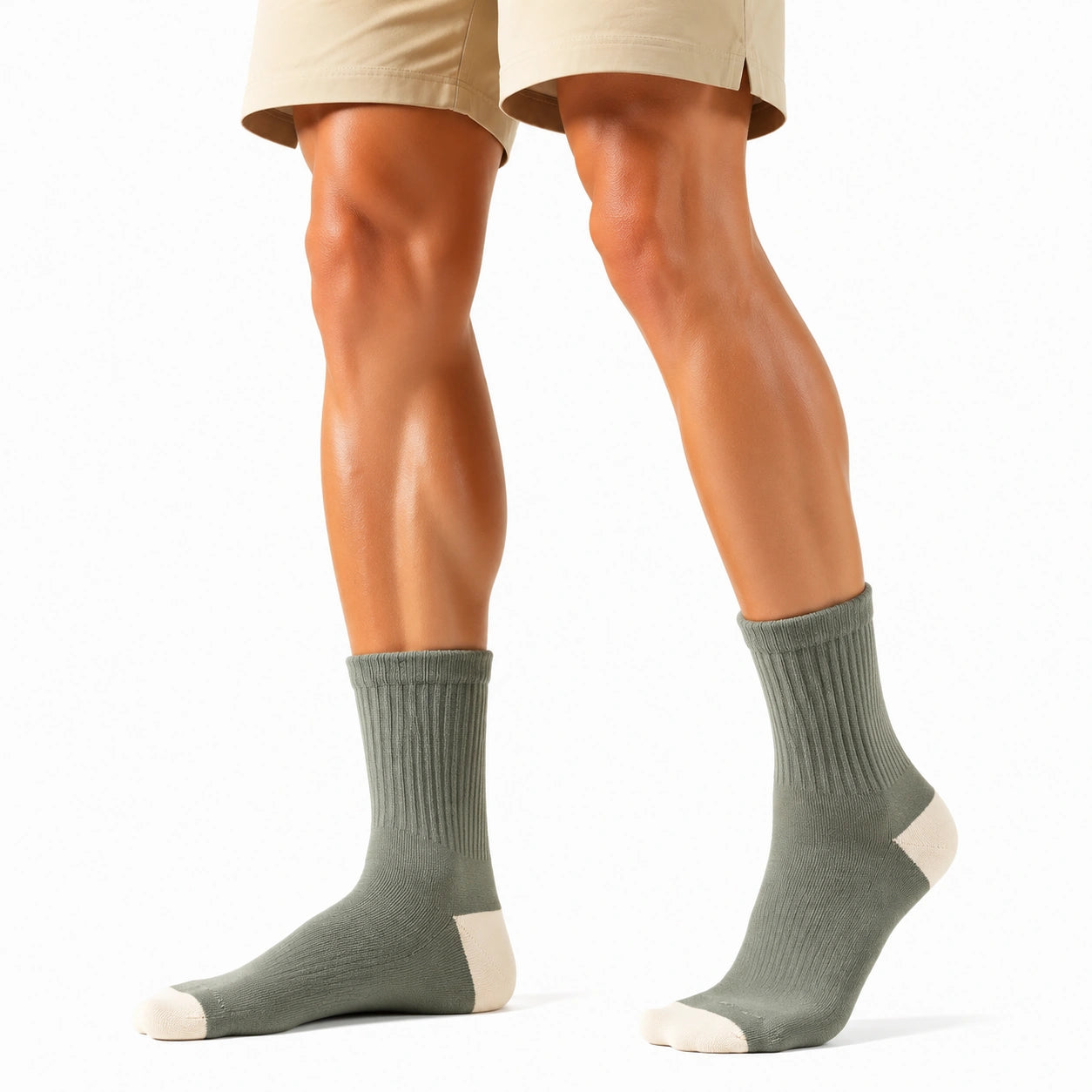 Chaussettes mi-mollet 43-46 en maille kaki et écru style côtelé