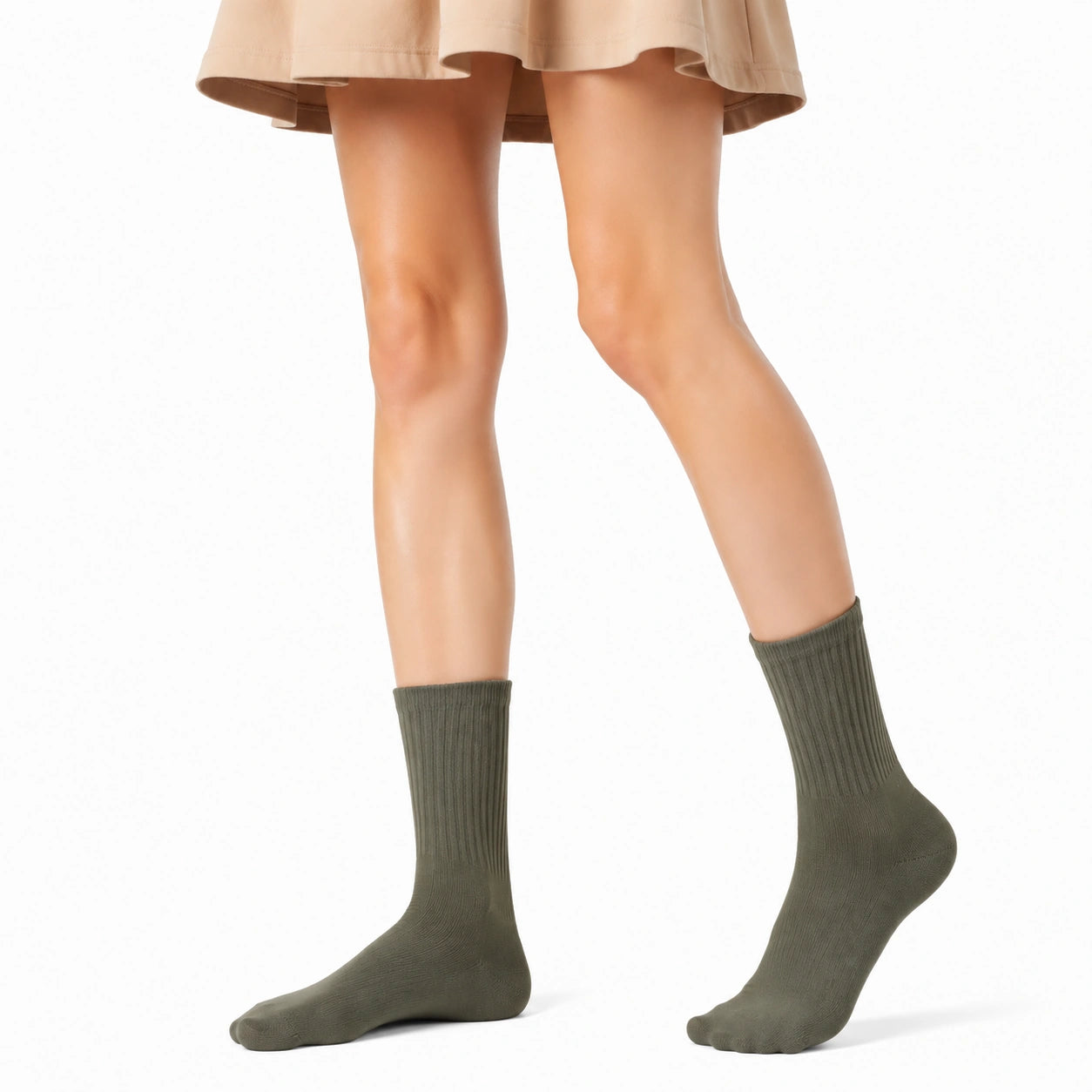 Chaussettes mi-mollet 43-46 vert kaki côtelées unies style décontracté