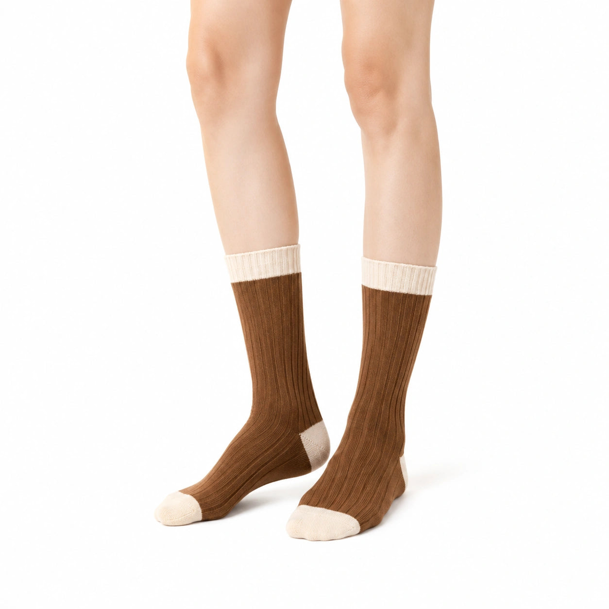 Chaussettes mi-mollet 39-42 en maille textile marron écru pour usage quotidien côtelées