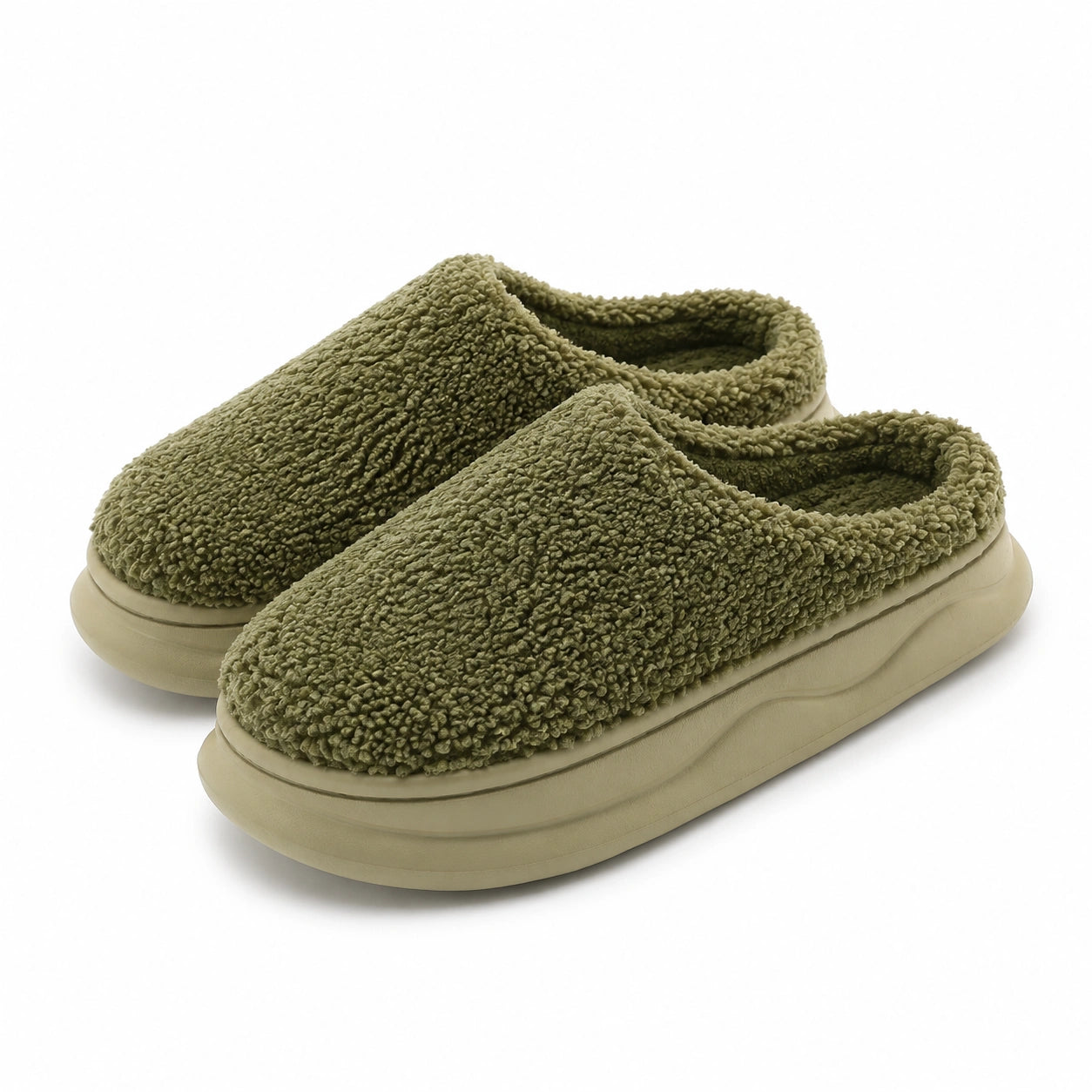Chaussons 38/39 en textile bouclette kaki à enfiler pour intérieur